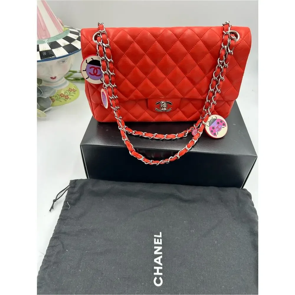Women's Chanel MATELASSE lambskin shoulder Bag ladybug, and strawberry charms.